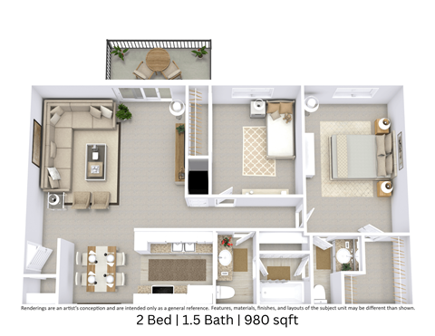 Floor plan for 2 beds, 1.5 baths, 980 sqft